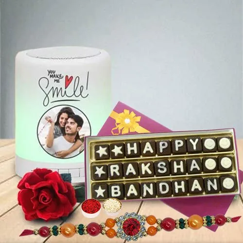 Delightful Stone Rakhi with Personalized Speaker N Handmade Chocolates