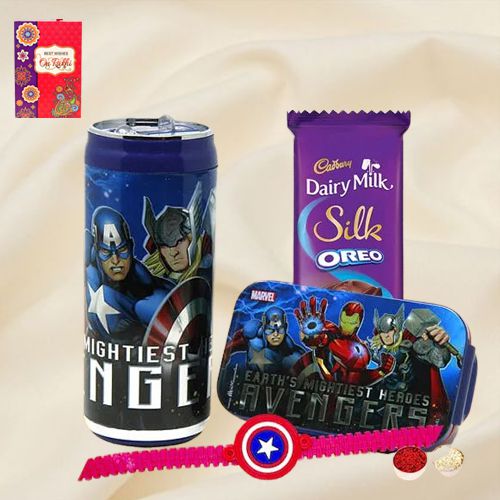 Fancy Captain America Rakhi, Dairy Milk, Marvel Lunch Box N Sipper Bottle