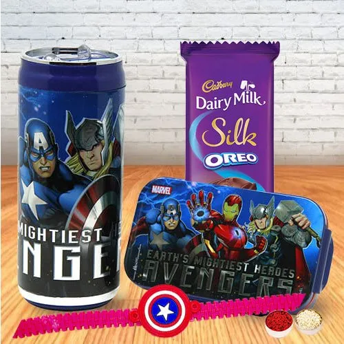 Dashing Captain America Rakhi, Chocolate, Marvel Lunch Box N Sipper Bottle