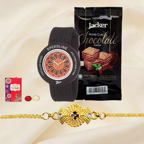 Showy Golden Bracelet Rakhi with Zoop Analog Watch N Jacker Wafer Cube