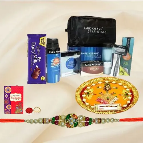 Fancy Stone studded Rakhi, Chocolate, Thali N Park Avenue Mens Grooming Kit