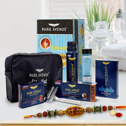 Dazzling Mera Bhaiya Rakhi with Park Avenue Mens Essential Kit