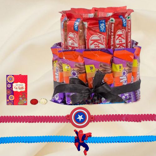 Trendy Captain America n Spiderman Rakhi with 2 Tier Chocolate Arrangement