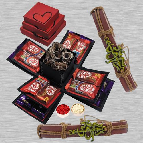 Classy OM Rakhi with 3 Layer Chocolate Explosion Box