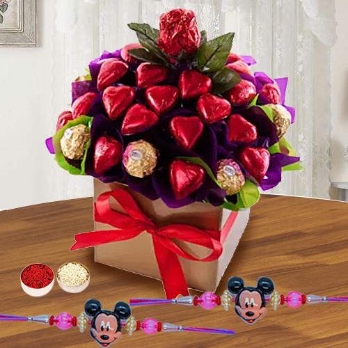 Stylish Set of Mickey Rakhis with Assorted Chocolates Arrangement