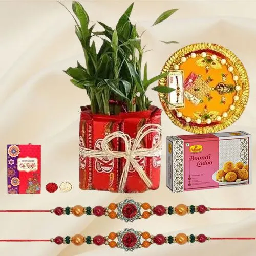 Distinctive Rakhi with Kitkat N Plat Arrangement, Sweets N Thali