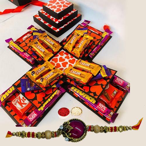 Dashing Red Stone Rakhi with 3 Layer Chocolate Explosion Box