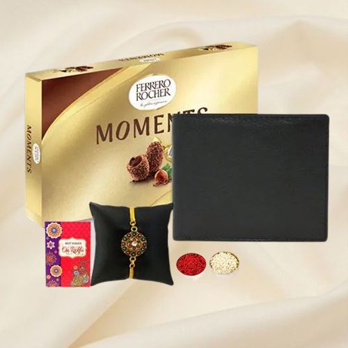 Suave Gold Plated Rakhi with Black Leather Wallet n Ferrero Rocher