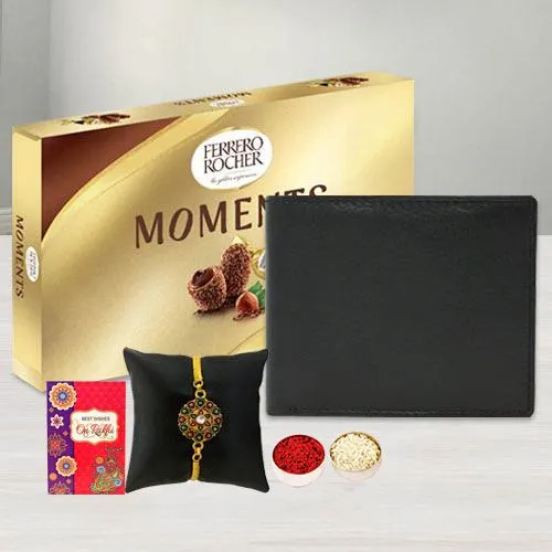 Trendy Gold Plated Rakhi with Black Leather Wallet n Ferrero Rocher