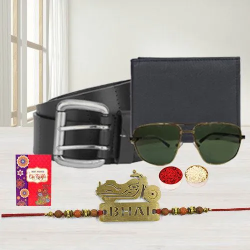 Stylish Biker Bhai Rakhi with Mens Wallet, Belt n Sunglasses