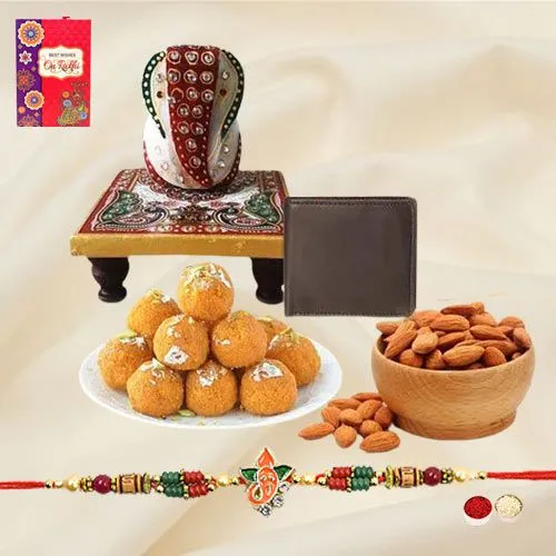 Fancy Ganesh Rakhi with Wallet, Ganesh Marble Chowki, Sweets N Almonds