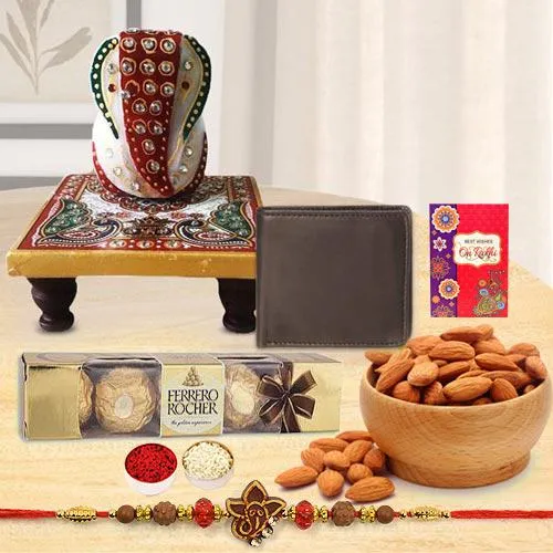 Fancy Ganesh Rakhi with Wallet, Marble Chowki, Almond N Ferrero Rocher