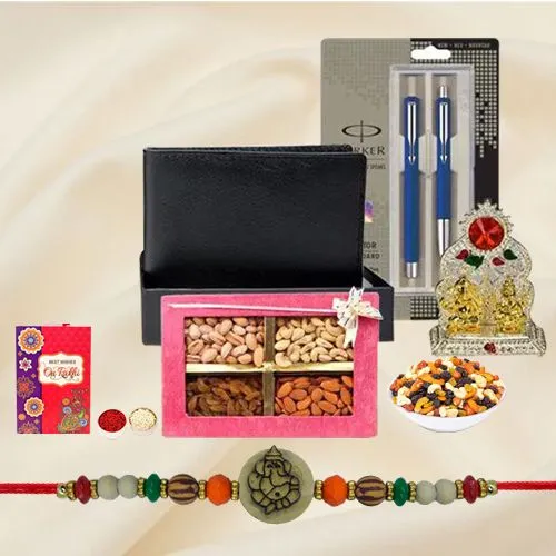 Fancy Ganesh Rakhi with Leather Wallet, Mandap, Parker Pen n Dry Fruits