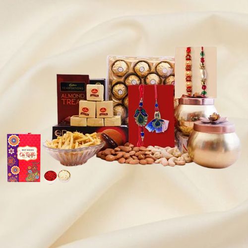 Fancy Designer N Pearl Rakhi Pair with Chocolate N Dry Fruit Assortments