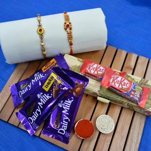 Cool Golden Rakhi Set N Chocolates Assortment in Bamboo Box