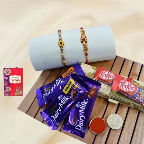 Fancy Golden Rakhi Set with Chocolates Hamper