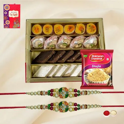 Gorgeous Twin Stone Rakhi Set with Tasty Mithai N Bhujia