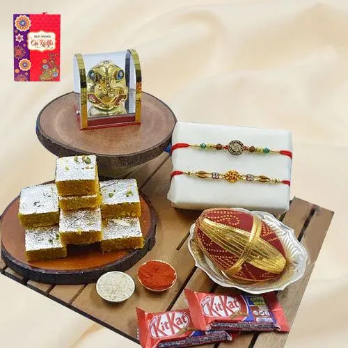 Elegant Swastik Rakhi Pair with Puja Item, Haldiram Sweets N Chocolates