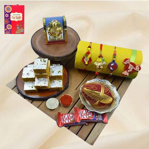 Divine Family Rakhi Set with Haldiram Sweets Ganesh Idol N Chocolates