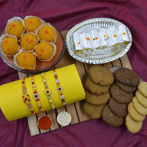 Fabulous Stone Rakhi Set of 4 with Haldiram Sweets N Cookiemans Cookies
