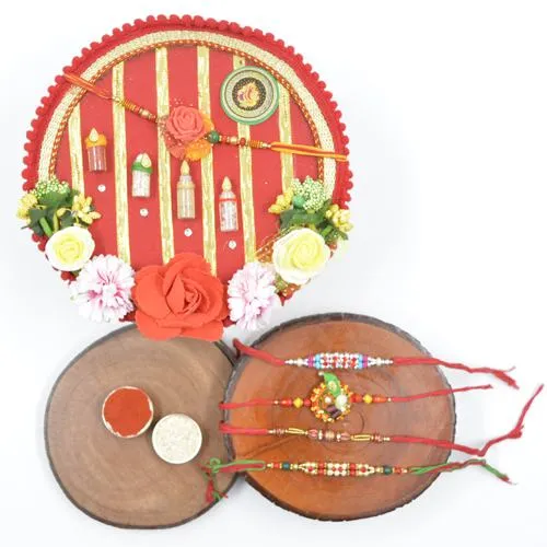 Stunning Stone Rakhi Set of 4 with Shree Rakhi Pooja Thali