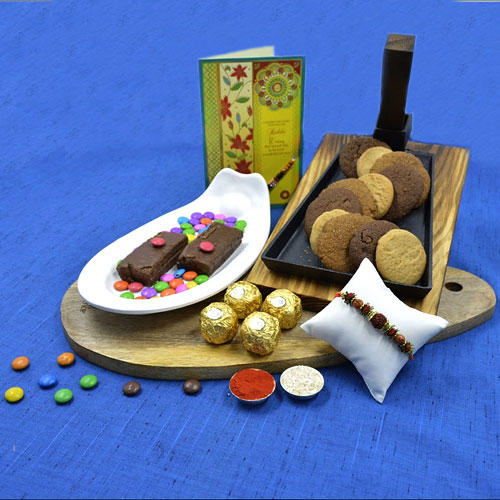 Trendy Rudraksha Rakhi n Fancy Rakhi with Card with Assorted Cookies n Dry Brownie n Ferrero Rocher<br>