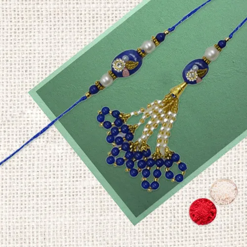 Royal Set of Moti Decorated Rakhi for Bhaiya Bhabhi in Blue