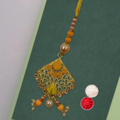 Stone Studded Yellow Metallic Lumba Rakhi