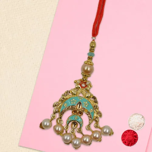 Beautiful Moti Work Turquoise Lumba Rakhi for Sisters