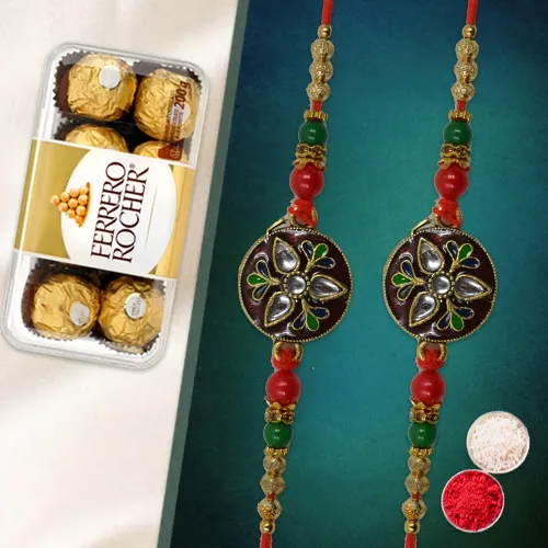 Fancy Red Stone Bhai Rakhi Duo N Ferrero Rocher