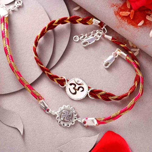 Om & Swastik Silver Rakhi Doublet