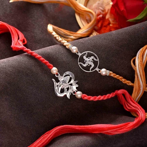 Red & Yellow Swastik & Om Rakhi Set