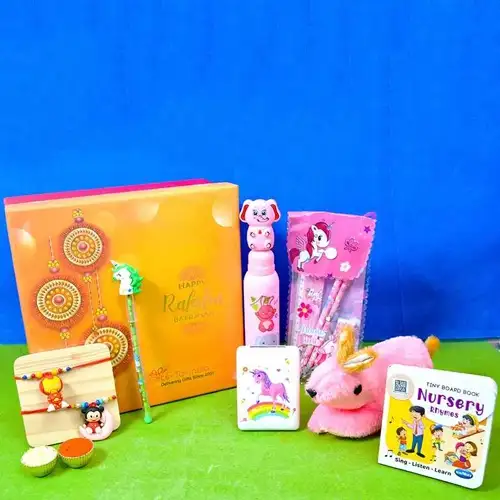 Auspicious Kids Rakhi with Pencil n Soft Toy Set