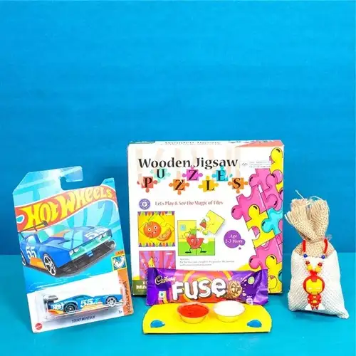 Exclusive Jigsaw Puzzle n Hot Wheels Car Rakhi Hamper