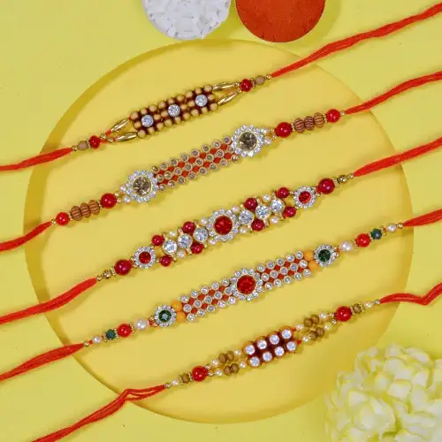 Outstanding Set of 5 AD Stone Rakhi