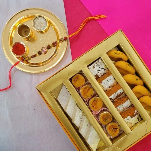 Classic Ganesh Rakhi with Sweets  N  Golden Rakhi Thali