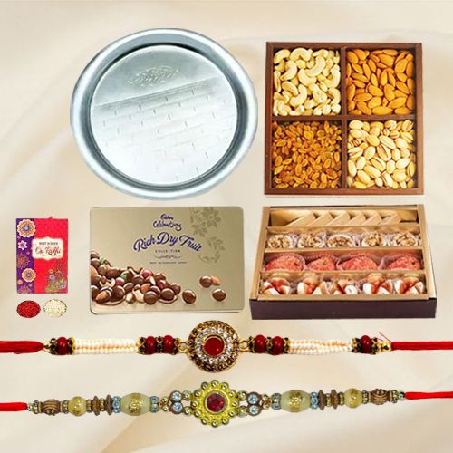Cadbury Dry Fruit Box Add 1 Designer Rakhin Haldirams Assorted Sweets Assorted Dry Fruits Rakhi Thali Free Rakhi Roli & Tilak