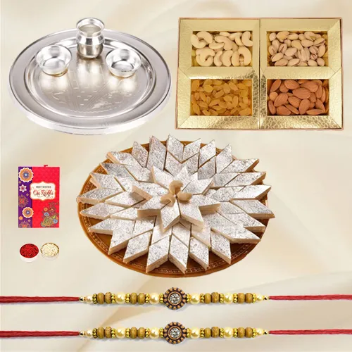 Special Gold Thali with Haldiram Kaju Katli and Dry Fruits with Free Rakhi