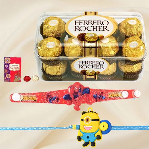 Ferrero Rocher with Spider Man and Minion Rakhi Set