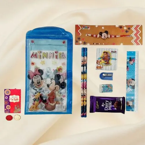 Marvelous Mickey Stationery Set with Mickey Rakhi & Cadbury Chocolate