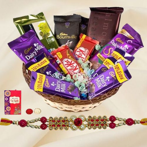 Assorted Chocolates Gift Basket with 2 pcs Designer Rakhi