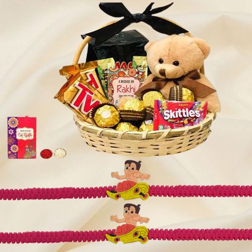Basket of Chocolates with Teddy N 2 Rakhi for Kids