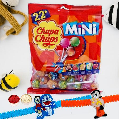 Yummy Chupa Chups Lollipops Packet with 2 Cartoon Rakhi for Kids