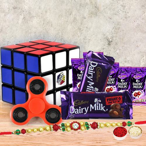 Fancy Rakhi with Cadbury, Spinner N Rubiks Cube