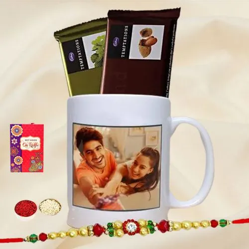 Personalized Photo Mug with Designer Rakhi N Two Cadbury Chocolates