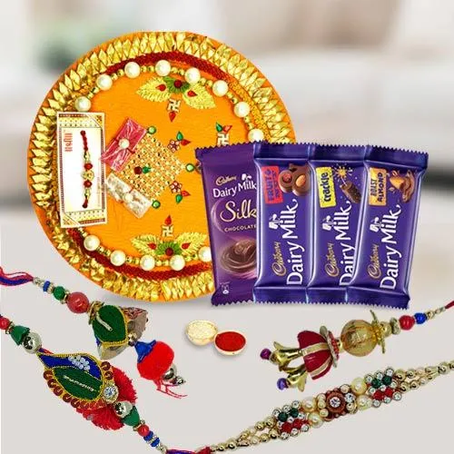 Twin Bhaiya Bhabhi Rakhi Set with Assorted Cadbury Chocolates n Pooja Thali