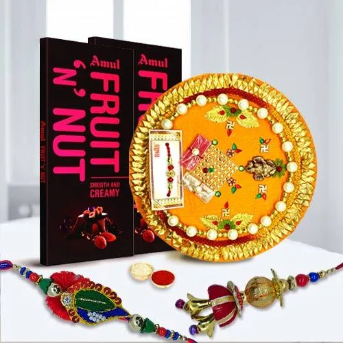 Traditional Bhaiya Bhabhi Rakhi Set with 2 pcs Amul Fruit n Nut N Pooja Thali