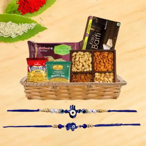 Fancy Rakhi Pair with Sweets, Snacks n Assorted Dry Fruits