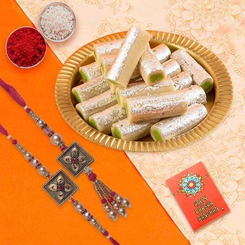 Beautiful Bhai Bhabhi Rakhi n Kaju Roll Set