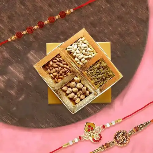 Fashionable Spiritual Rakhi Trio with Assorted Dry Fruits